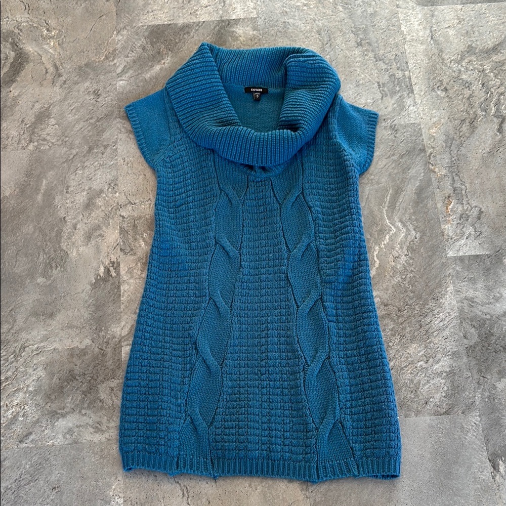 Express Women’s Blue Cable Knit Sweater Dress, Short Sleeve, Cowl Neck, Size M